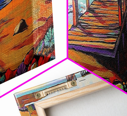 Seaside Pier, Vibrant Coast, Beach View, Framed Canvas Print, coastal artwork, beach house decor, summer vibes, living room art