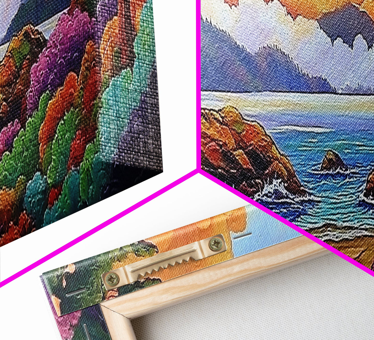 Vibrant Coastal View, Ocean Sunset Landscape, Floral Beach Scene, Framed Canvas Print, Colorful Wall Art, Tropical Living Room