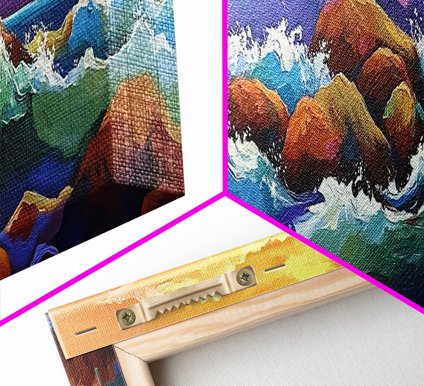 Coastal Rocks Waves, Sunset Ocean Painting, Colorful Seaside View, Framed Canvas Print, Nautical Wall Art, Living Room Decor