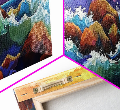 Coastal Rocks Waves, Sunset Ocean Painting, Colorful Seaside View, Framed Canvas Print, Nautical Wall Art, Living Room Decor