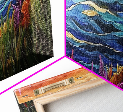 Ocean Horizon, Sunset Sea, Flower Garden, Nature Escape, Canvas Print, Beach House Decor, Tropical Seascape Wall Art