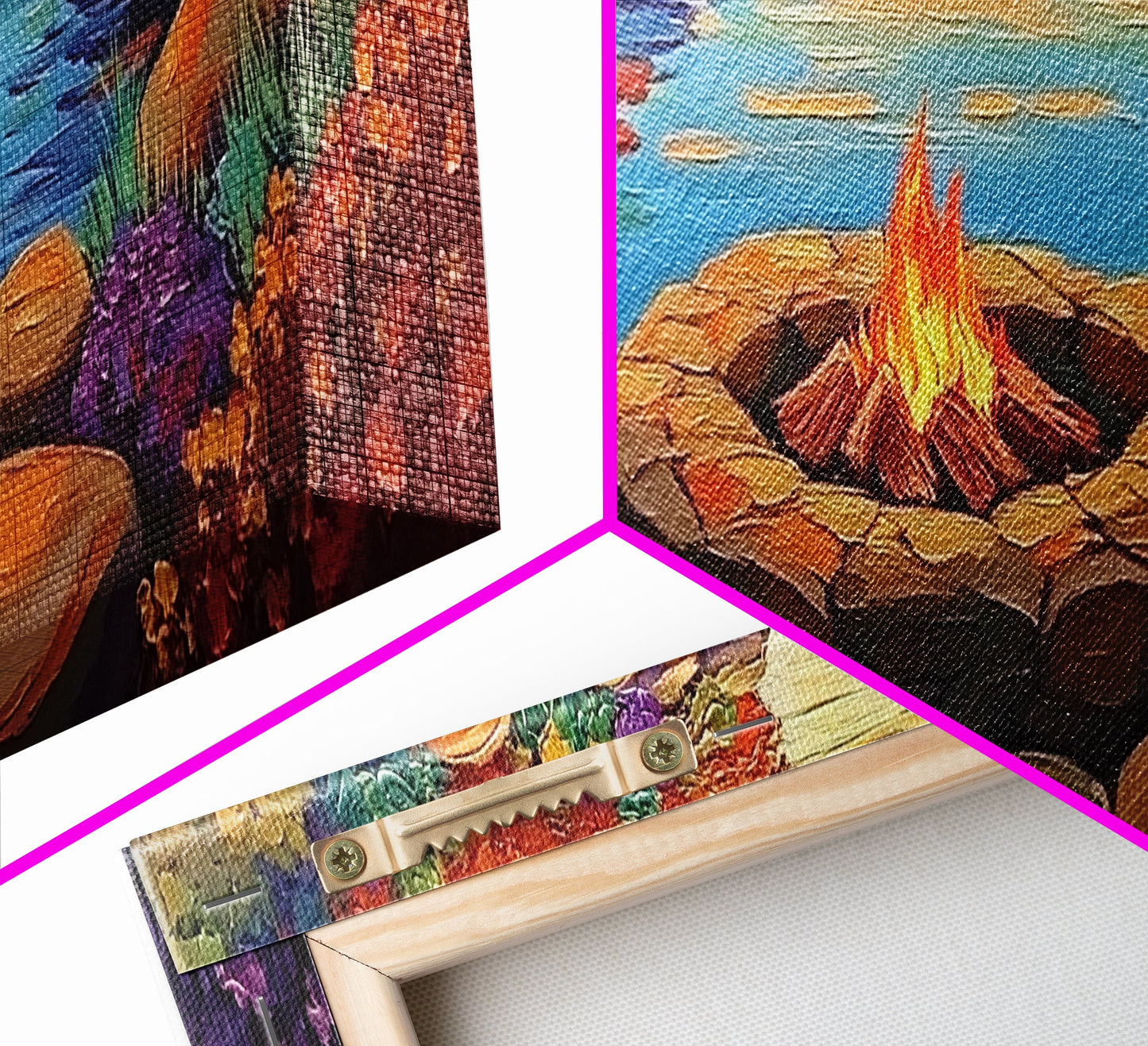 Campfire by River, Autumn Glow, Cozy Outdoor Scene, Framed Canvas Print, fall landscape, rustic decor, lodge wall art, den artwork