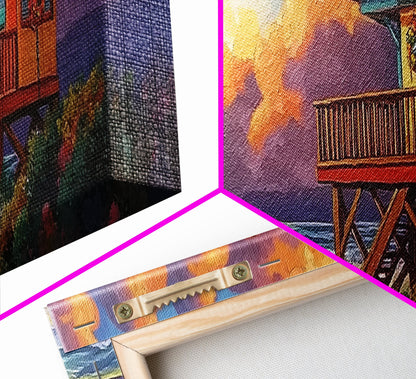 Lifeguard Tower Glow, Beach Sunset Scene, Holiday Decor, Framed Canvas Print, coastal art, tropical beach home, fall season decor