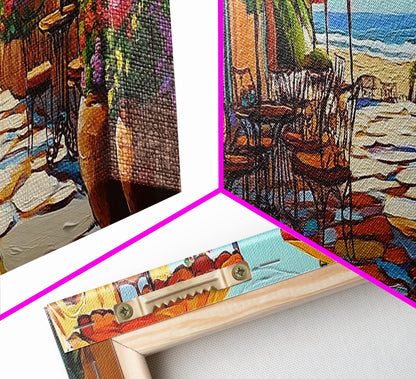 Coastal Café, Ocean View, Umbrella Patio, Bright Florals, Framed Canvas Print, Kitchen Wall Art, Mediterranean Style, Garden Dining Art