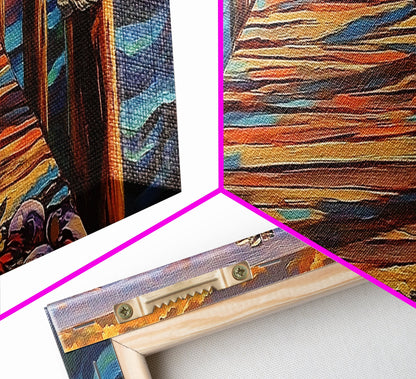 Wooden Dock Sunset, Ocean Pier Painting, Tranquil Seascape Decor, Nautical Beach House Style, Framed Canvas Print