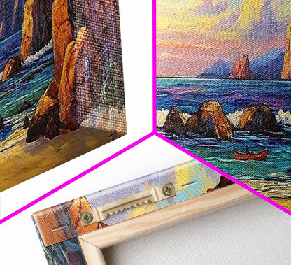 Coastal Archway View, Rocky Beach Sunset, Ocean Serenity, Framed Canvas Print, Nautical Living Room Art, Seaside Escape Scene