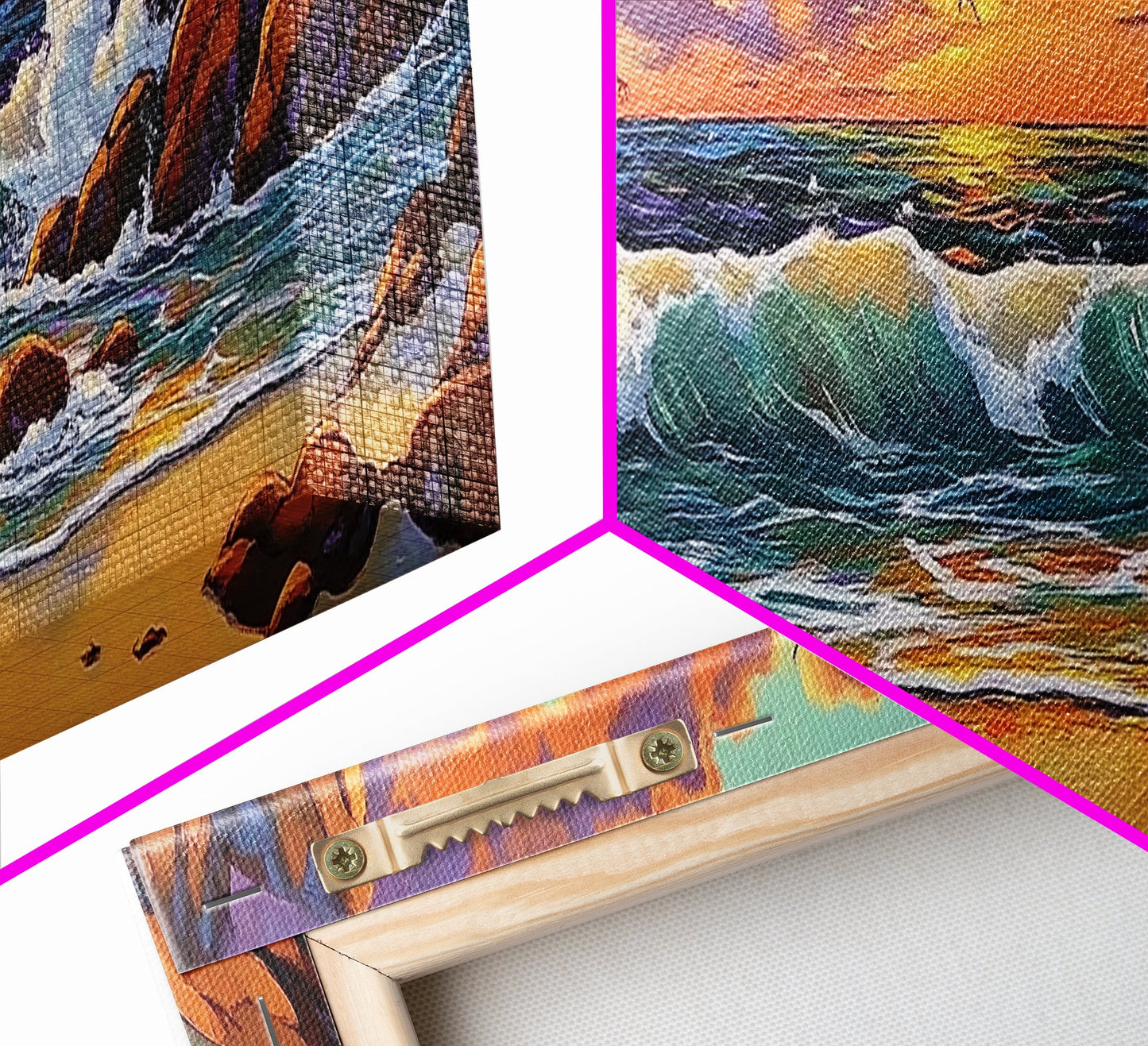 Sunset Beach Waves, Dramatic Ocean, Bold Skies, Framed Canvas Print, Entryway Wall Art, Nature Escape, Colorful Beach Scene