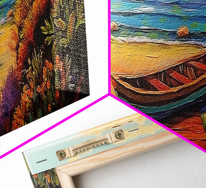 Beach Rowboat Painting, Tranquil Shoreline Scene, Coastal Landscape Art, Summer Lake House Style, Framed Canvas Print, Nature Wall Art