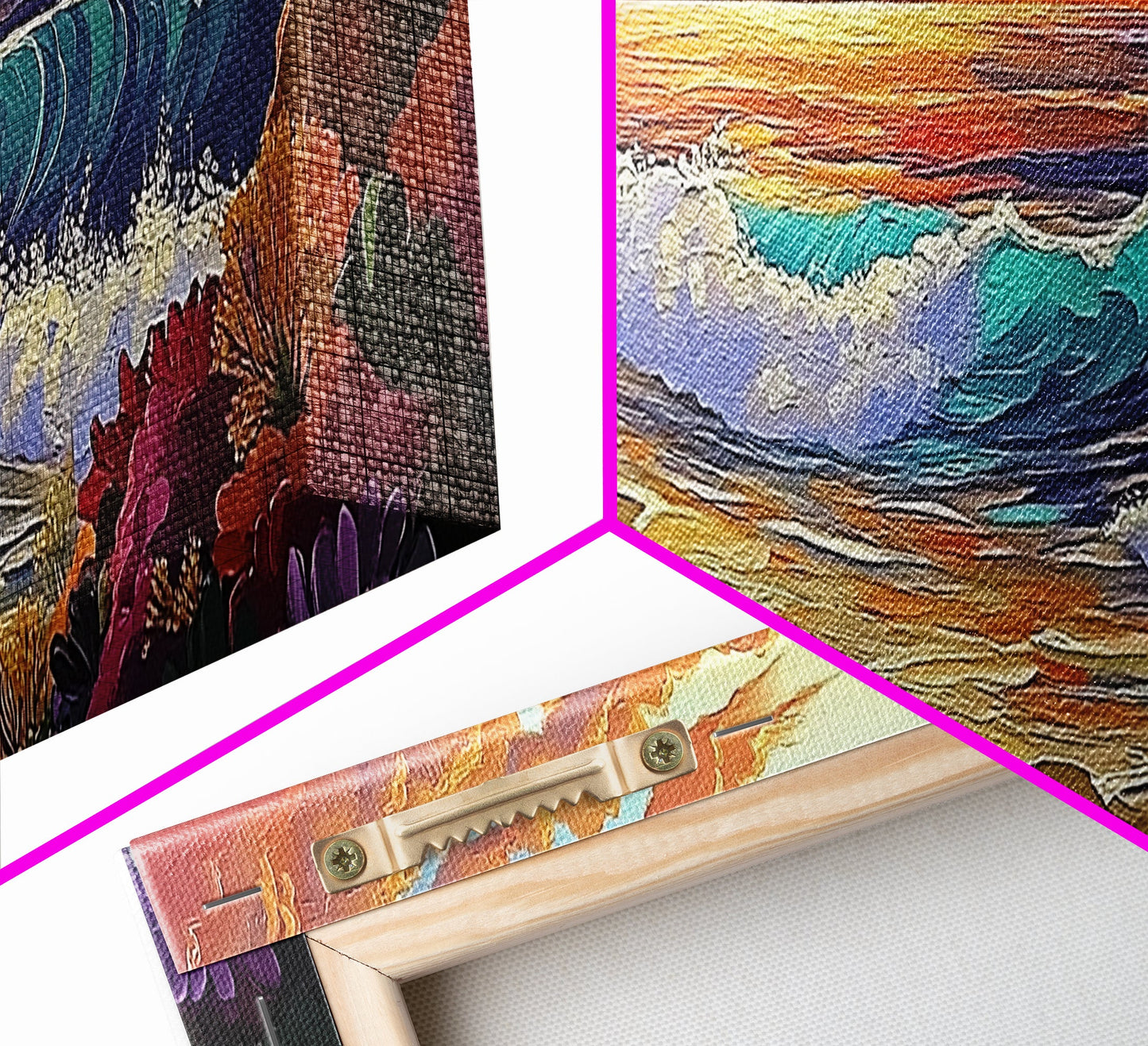 Coastal Sunset, Ocean Waves, Tropical Flowers, Vibrant Seascape, Framed Canvas Print beach wall decor, boho art, living room wall art