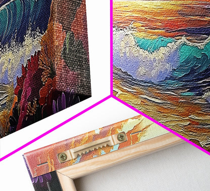 Coastal Sunset, Ocean Waves, Tropical Flowers, Vibrant Seascape, Framed Canvas Print beach wall decor, boho art, living room wall art
