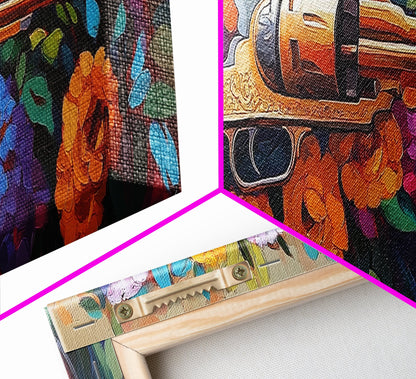 Golden Revolver Art, Floral Gun Painting, Western Floral Wall, Cowboy Chic Style, Framed Canvas Print, Man Cave Southwestern Decor