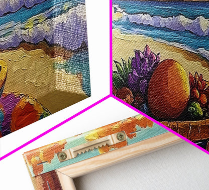 Sunset Beach, Ocean Fruit Bowl, Coastal Vibes, Framed Canvas Print, Tropical Kitchen Wall Art, Colorful Seaside Home Decor