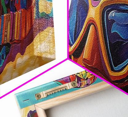 Snorkel Mask, Beach Fun, Vibrant Waves, Framed Canvas Print, Coastal Bathroom Wall Art, Bright Tropical Decor, Playful Ocean Art