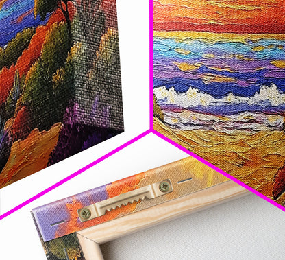 Autumn Sunset Path, Beach Trail Art, Vibrant Landscape, Framed Canvas Print, Fall Home Decor, Coastal Living Room Wall Art, Boho Art