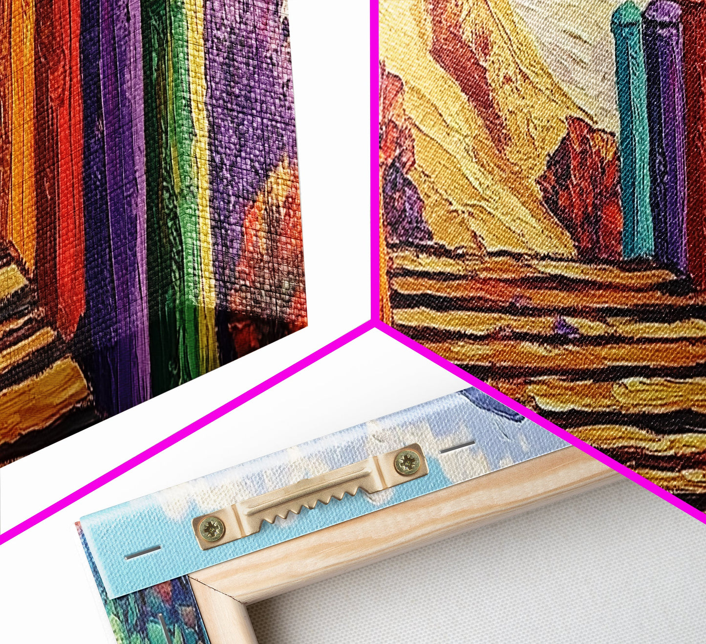 Colorful Cabins, Beach Path, Coastal Walkway, Vibrant Landscape, Canvas Print, Entryway Wall Art, Beach House Art, Bold Palette Decor