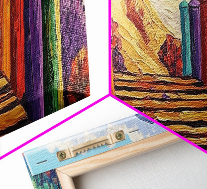 Colorful Cabins, Beach Path, Coastal Walkway, Vibrant Landscape, Canvas Print, Entryway Wall Art, Beach House Art, Bold Palette Decor