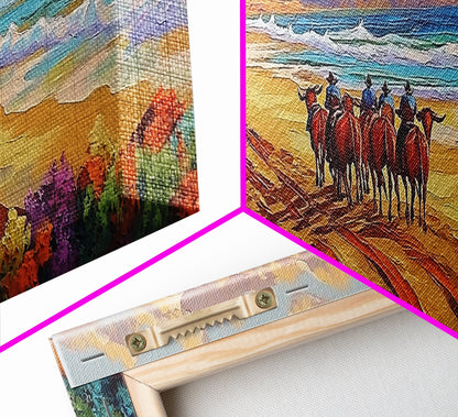 Western Beach Trail, Cowboy Horses Art, Desert Shoreline, Canvas Print, Fall Wall Decor, Rustic Western Style, Living Room Wall Art