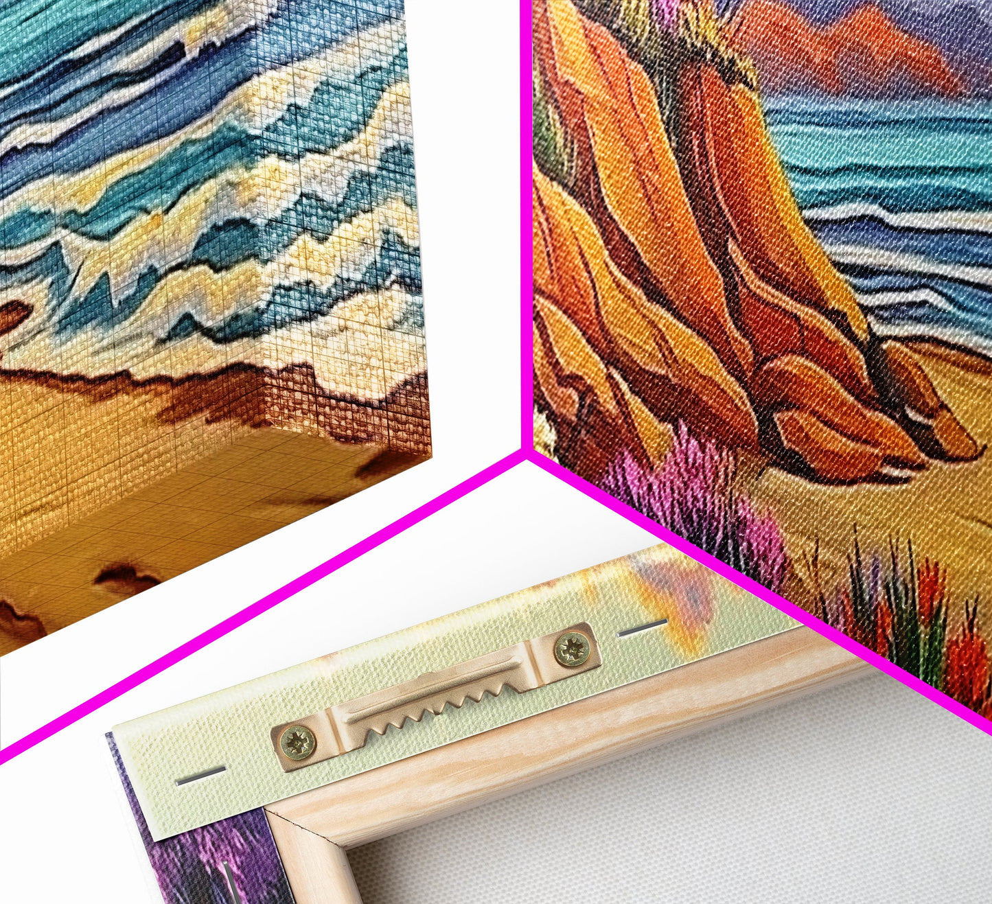 Cliffside Flowers, Ocean Waves, Sunset Coast, Canvas Print, Vibrant Coastal Wall Art, Bedroom or Bathroom Decor, Bohemian Beach Art