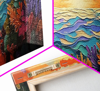 Sunset Ocean, Sea Plants, Tropical Sunset, Bold Colors, Framed Canvas Print, Bathroom Wall Art, Boho Vibes, Coastal Decor