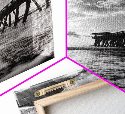 Pier at Sunrise, Ocean Horizon Print, Seascape Photography, Framed Canvas Print, Coastal Bathroom Wall Art, Nautical Theme Decor