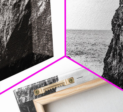 Rocky Coast View, Ocean Cliffs Art, Coastal Wilderness, Monochrome Seascape, Canvas Print, Bathroom Wall Art, Rustic Minimalist Style