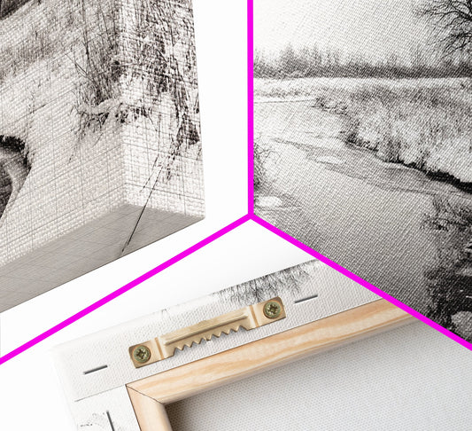 Frozen Stream Scene, Bare Trees Landscape, Black and White Nature Decor, Canvas Print, Winter Wall Art, Neutral Bedroom Accent