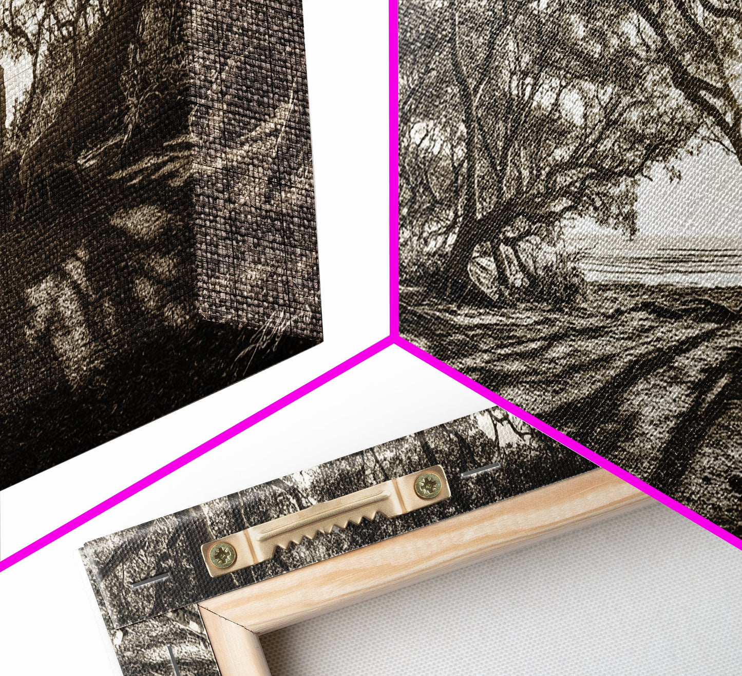 Verzauberter Wald – Licht, Baumschatten, Naturlandschaft, gerahmter Leinwanddruck, rustikale Wandkunst, Walddeko für den Eingangsbereich, Boho-Walddruck