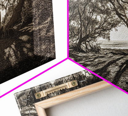 Verzauberter Wald – Licht, Baumschatten, Naturlandschaft, gerahmter Leinwanddruck, rustikale Wandkunst, Walddeko für den Eingangsbereich, Boho-Walddruck