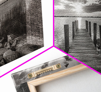 Rustic Dock Sunset, Lakehouse Art, Black White Landscape, Framed Canvas Print, Country Home Decor, Cabin Wall Art, Lakeside Tranquility