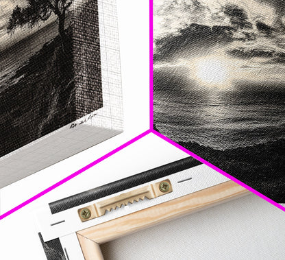 Dramatischer Sonnenuntergang über dem Meer, Küstenbaum, monochrome Landschaft, Leinwanddruck, Wandbild fürs Wohnzimmer, surreale Naturansicht, Meeresblick-Druck