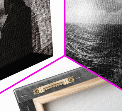 Mann beobachtet Meer, stürmischer Ozeanblick, emotionale Szene, Leinwanddruck, stimmungsvolle Küstendekoration, Wandbild fürs Büro, maritimer Monochrom-Stil