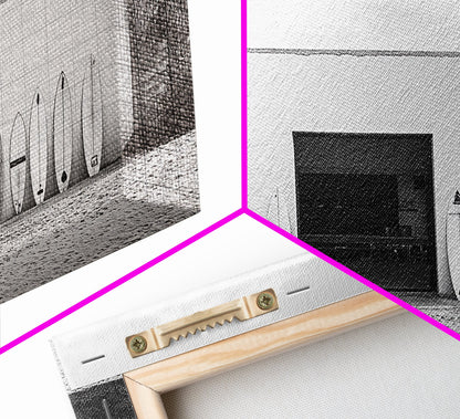 Surfboards, Beach Garage, Modern Coastal, Ocean Style, Framed Canvas Print, surf shack decor, teen room wall art, minimalist beach art