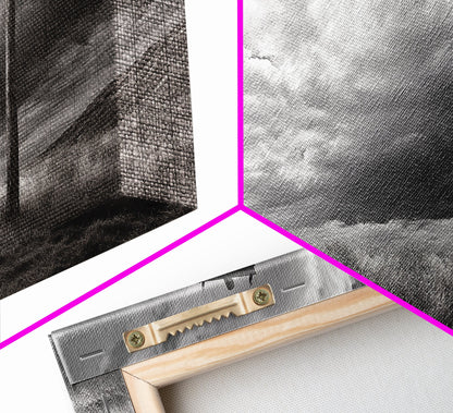 Strommast, ländliche Landschaft, stürmischer Himmel, ländliche Ruhe, gerahmter Leinwanddruck, Wandbild für den Eingangsbereich eines Bauernhauses, rustikaler Schwarz-Weiß-Druck