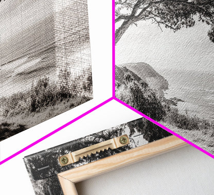 Ocean View, Coastal Trees, Cliffside Vista, Light and Shadows, Framed Canvas Print, landscape wall art, modern beach decor, boho living room