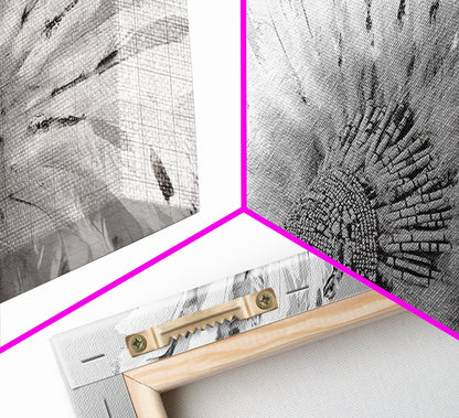 Kopfschmuck der Ureinwohner, Federkrone, Kulturelle Hommage, Leinwanddruck, Boho-Ethno-Dekor, Wandbild fürs Schlafzimmer, Monochromer indigener Stil