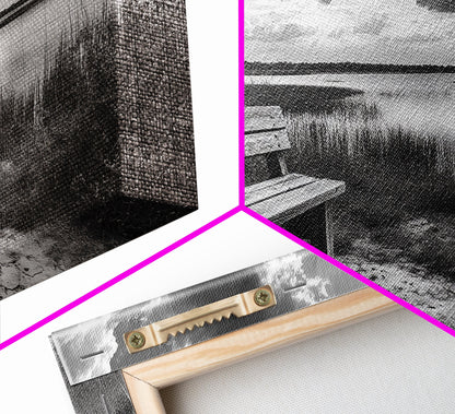 Lakeside Bench, Calm Waters, Sunset View, Canvas Print, Tranquil Nature Photography, Living Room Wall Art, Serene Outdoor Fall Landscape