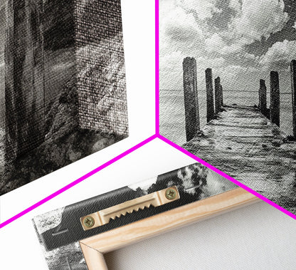 Ocean Pier, Seaside Dock, Crashing Waves, Canvas Print, Dramatic Coastal Wall Art, Black And White Decor, Bathroom Or Hallway Photography