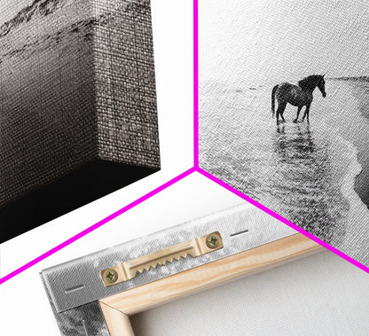 Wild Horse Beach, Coastal Nature Art, Minimalist Animal Photography, Serene Landscape, Neutral Bedroom Decor, Framed Canvas Print