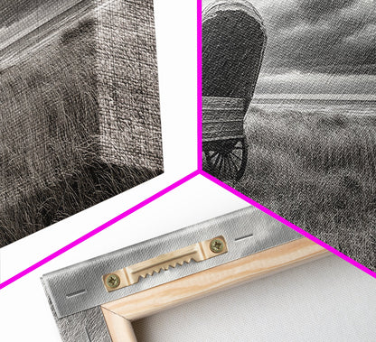 Prairie Wagon, Coastal Grass, Covered Cart, Western Landscape, Framed Canvas Print, Rustic Fall Art, Living Room Wall Decor