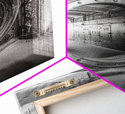 Bank Vault Door, Industrial Design, Urban Texture, Canvas Print, Masculine Office Decor, Steampunk Wall Art, Black White Print