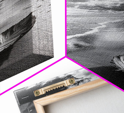 Autumn Beach Leaf, Drift Shore, Moody Cloudscape, Black and White Fall Art, Framed Canvas Print, Seasonal Wall Decor, Rustic Autumn Style