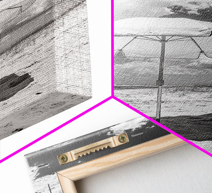 Beach Umbrella, Sunny Escape, Coastal Cloudscape, Framed Canvas Print, Summer Vibe Wall Art, Outdoor Living Decor, Travel Mood