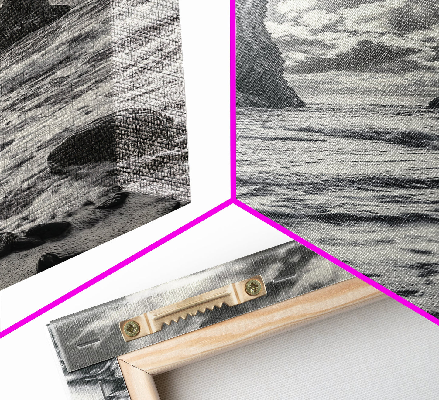 Sea Spires, Ocean Foam, Pebble Shore, Wild Coast, Framed Canvas Print, Living Room Wall Art, Dramatic Landscape, Coastal Home Decor