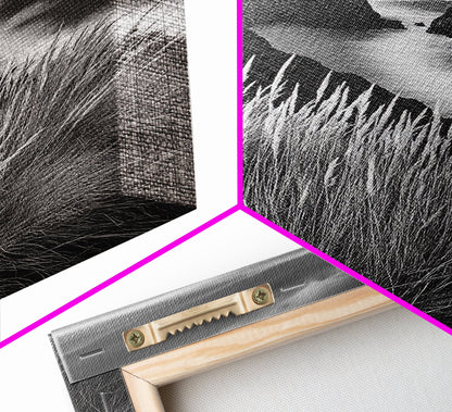 Coastal Cliffs, Ocean Rocks, Tall Grass, Canvas Print, Windswept Landscape Art, Beach House Wall Decor, Monochrome Nature Scene