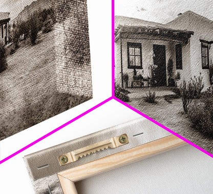 Desert Home, Adobe House, Rustic Pathway, Cactus Garden, Framed Canvas Print, Southwestern Decor, Living Room Wall Art, Western Aesthetic