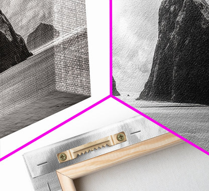 Sea Stack, Beach Horizon, Dramatic Sky, Monochrome Seascape, Framed Canvas Print, Coastal Wall Art, Modern Minimalist Entryway Decor