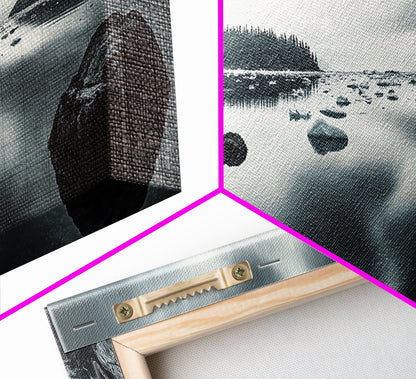 Arctic Shore, Ice Reflections, Northern Coastline, Framed Canvas Print, Moody ocean art, Coastal decor, Living room wall art, Monochrome nature