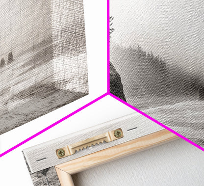 Foggy Pines, Ocean Horizon, Coastal Landscape, Moody Beach Scene, Canvas Print, Bedroom Wall Art, Rustic Cabin Decor, Nature Photography