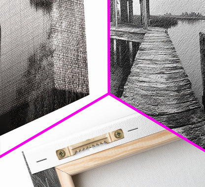 Abandoned Pier, Lakeside Shack, Black and White Marsh, Framed Canvas Print, Rustic Entryway Art, Minimalist Coastal Cabin Decor
