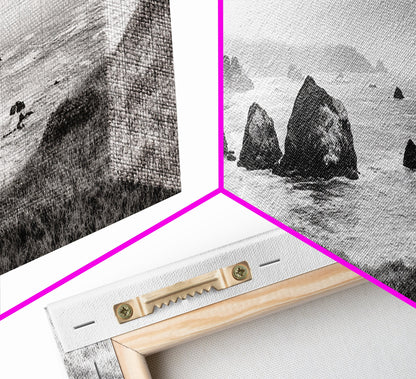 Rocky Coastline Mist, Ocean Cliffs, Foggy Seascape, Moody Decor, Canvas Print, Coastal Wall Art, Nature Photography, Living Room Decor